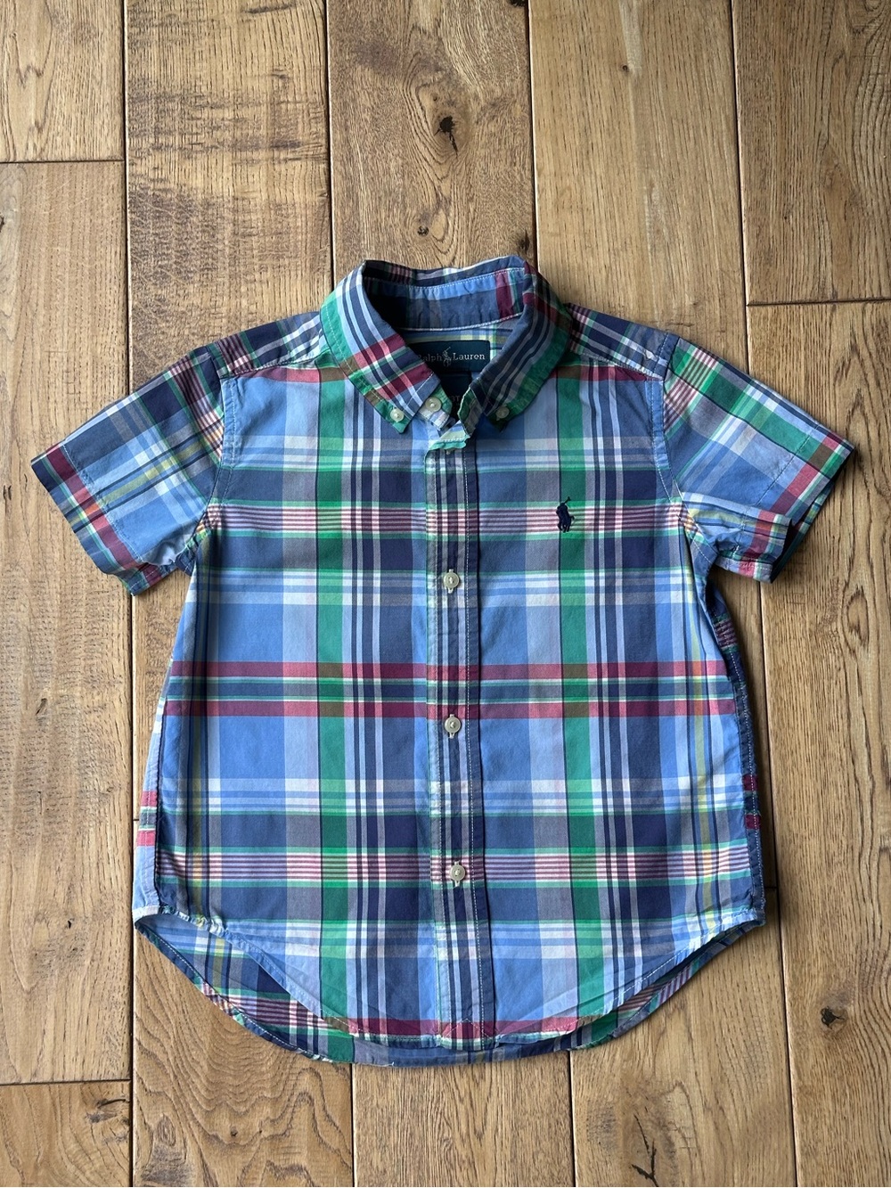 Ralph Lauren Blue Red Green Plaid Short Sleeve Button Down Shirt size 3T